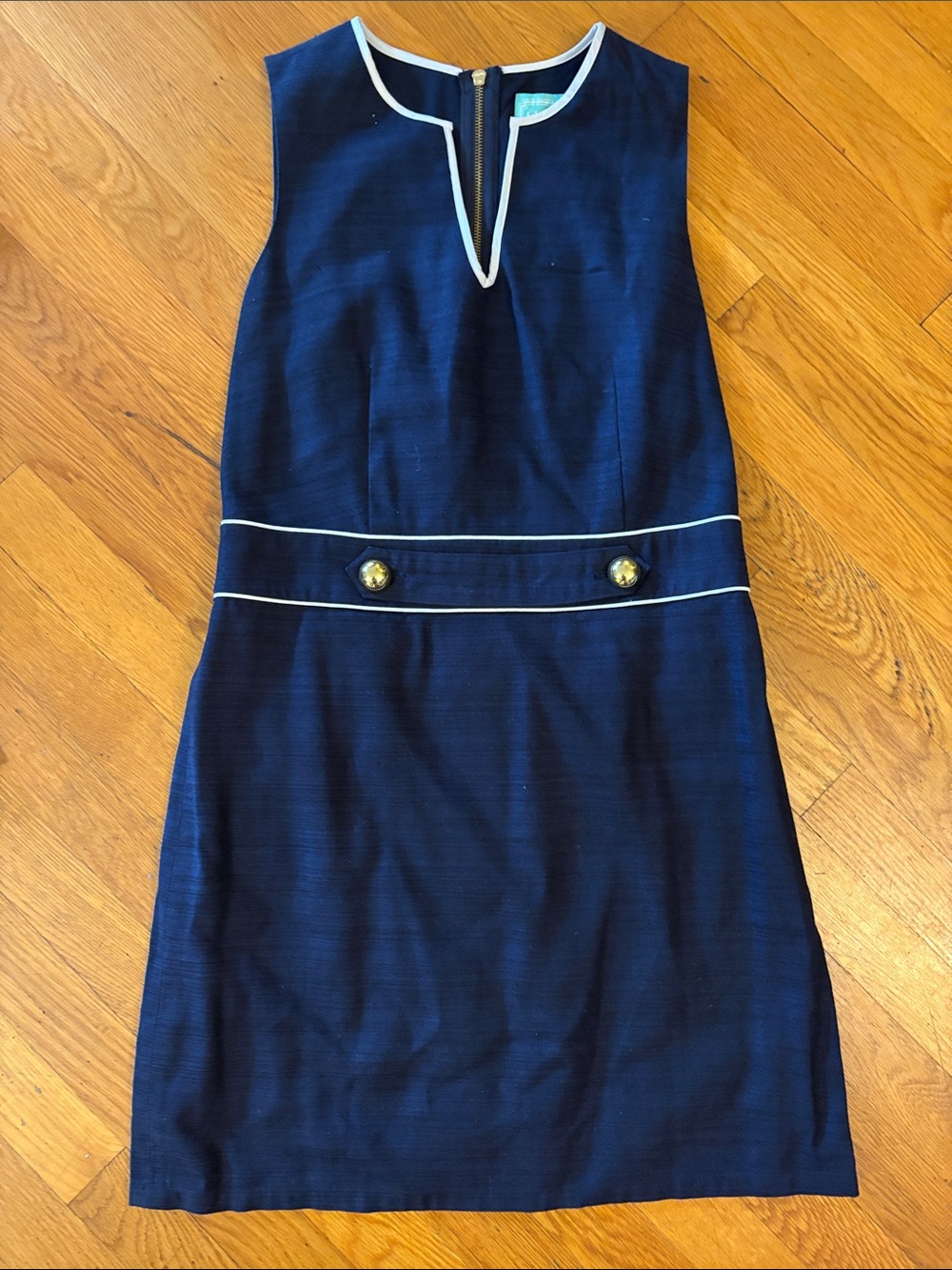 Navy Sleeveless Shift Dress with Contrast Piping
